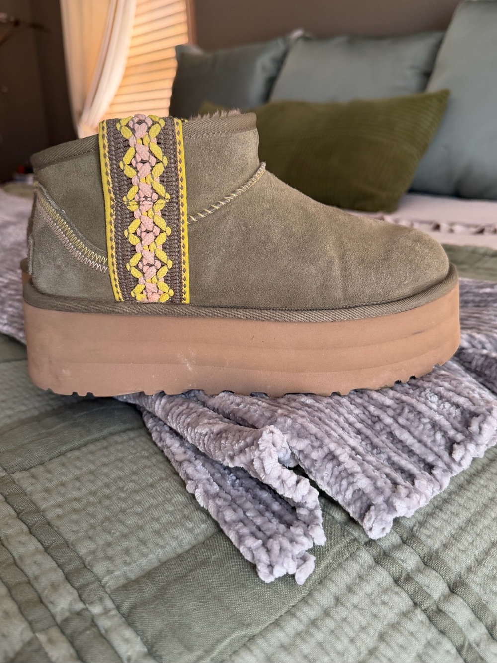 UGG Olive Suede Platform Ankle Boot with Yellow detail design Trim